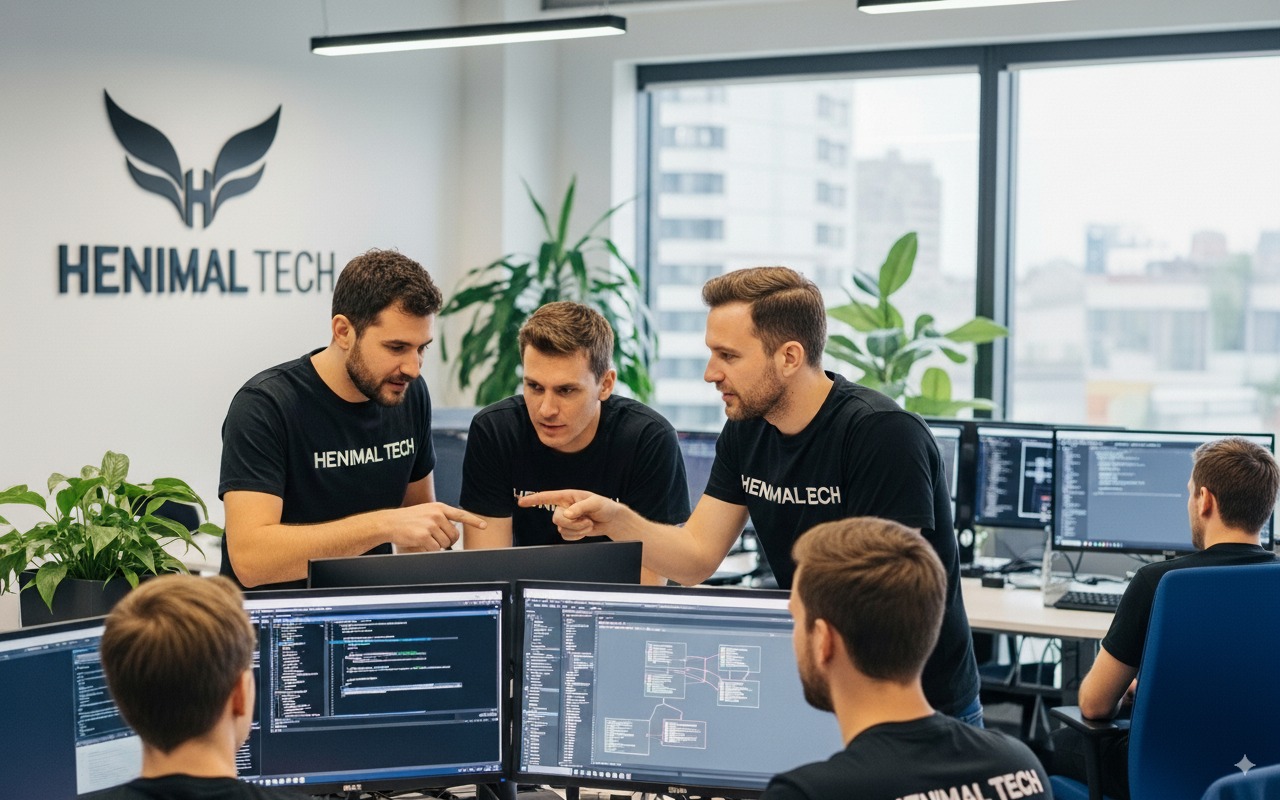 Henimal Tech development team collaborating in a modern technology workspace